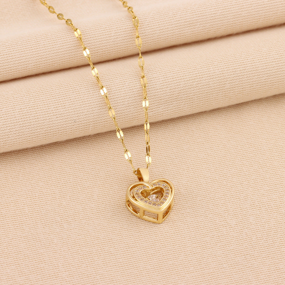 Double-Layer Love Necklace – Titanium Steel Pendant with Rhinestones | Fashion Jewelry Gift for Women