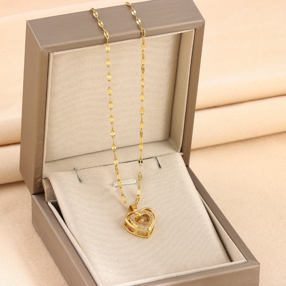 Double-Layer Love Necklace – Titanium Steel Pendant with Rhinestones | Fashion Jewelry Gift for Women