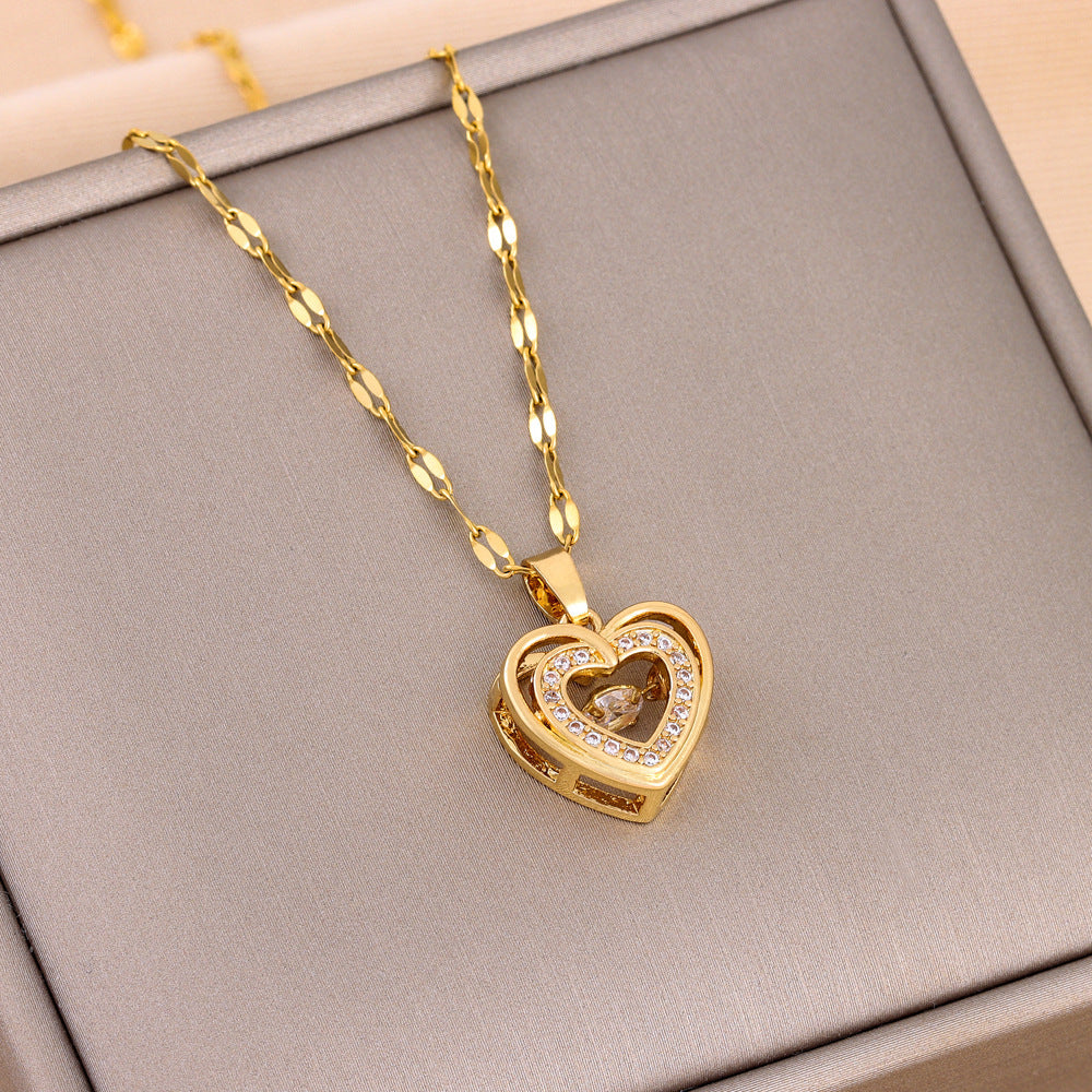 Double-Layer Love Necklace – Titanium Steel Pendant with Rhinestones | Fashion Jewelry Gift for Women