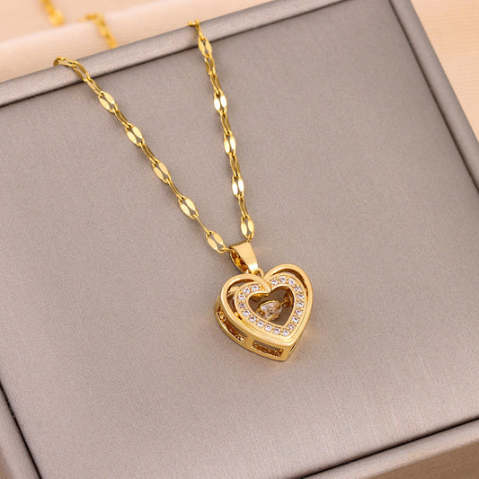 Double-Layer Love Necklace – Titanium Steel Pendant with Rhinestones | Fashion Jewelry Gift for Women