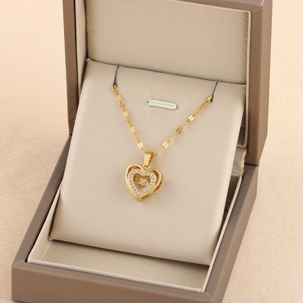 Double-Layer Love Necklace – Titanium Steel Pendant with Rhinestones | Fashion Jewelry Gift for Women